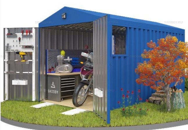 Металлический гараж  с Двускатной крышей и 2 окнами SKOGGY 4М